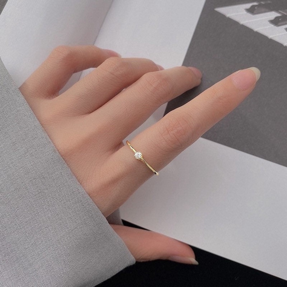 S925 Gold Small Solitaire CZ Silver Slim Band Rings-RCZ001 gold Size 5